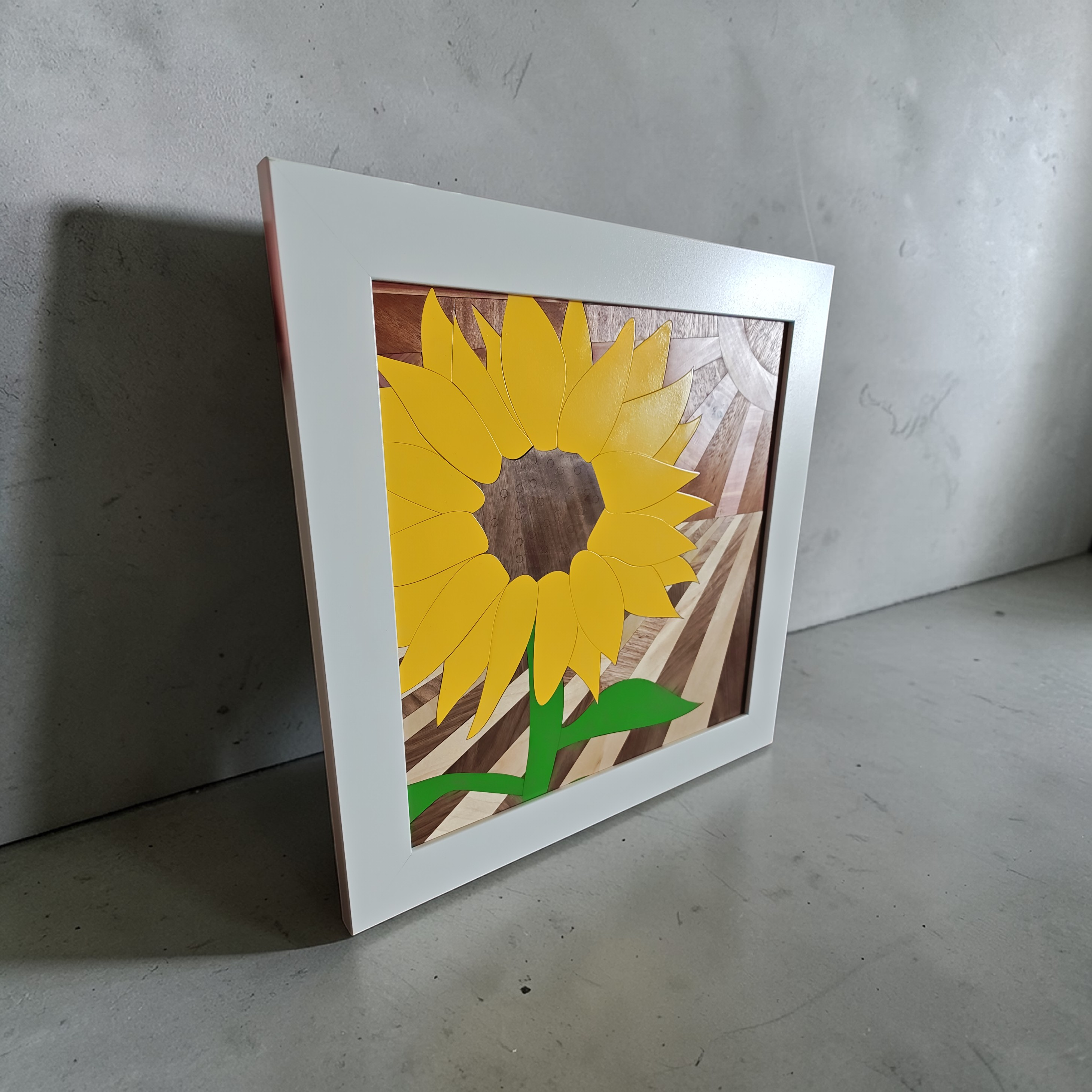 Sunflower Intarsia-Style Wood Art | One-of-a-Kind Framed Hardwood Piece