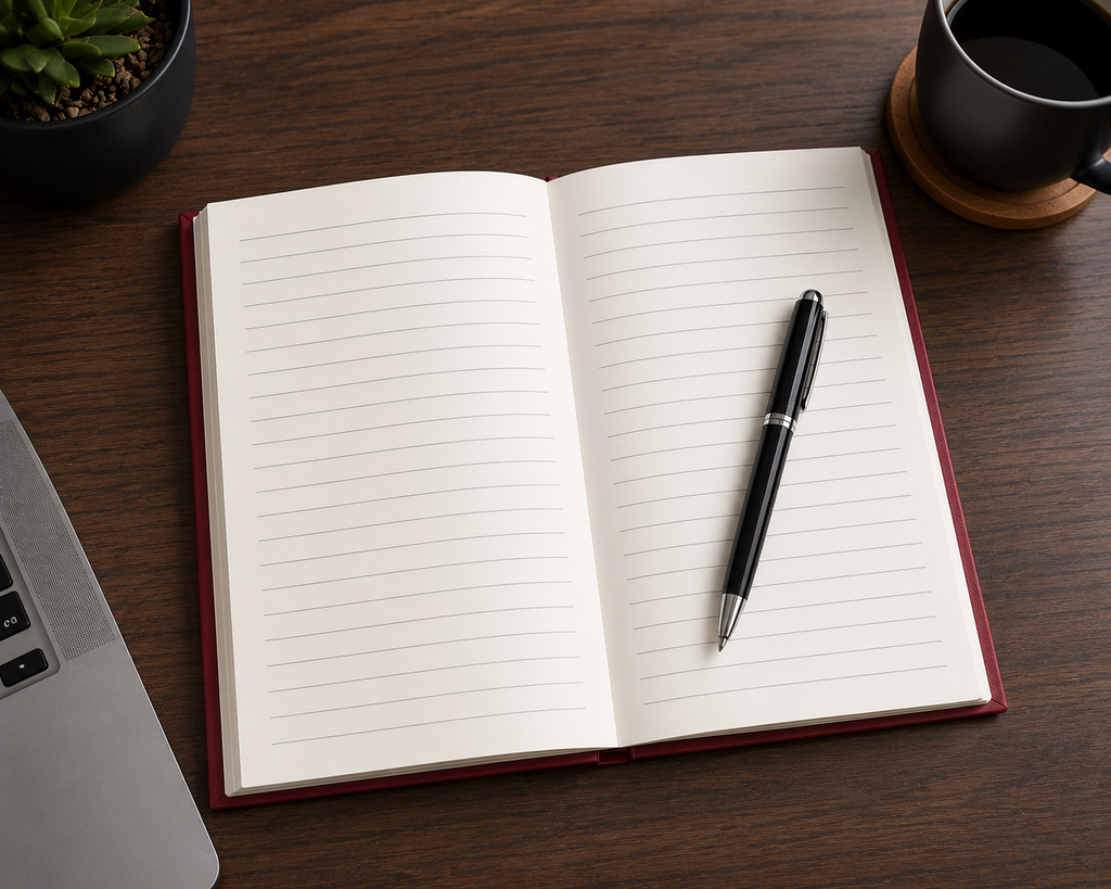 custom notebook opened with lined writing pages