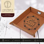 Personalized Laserette valet tray engraved with a family name holding keys, wallet, watch, and phone