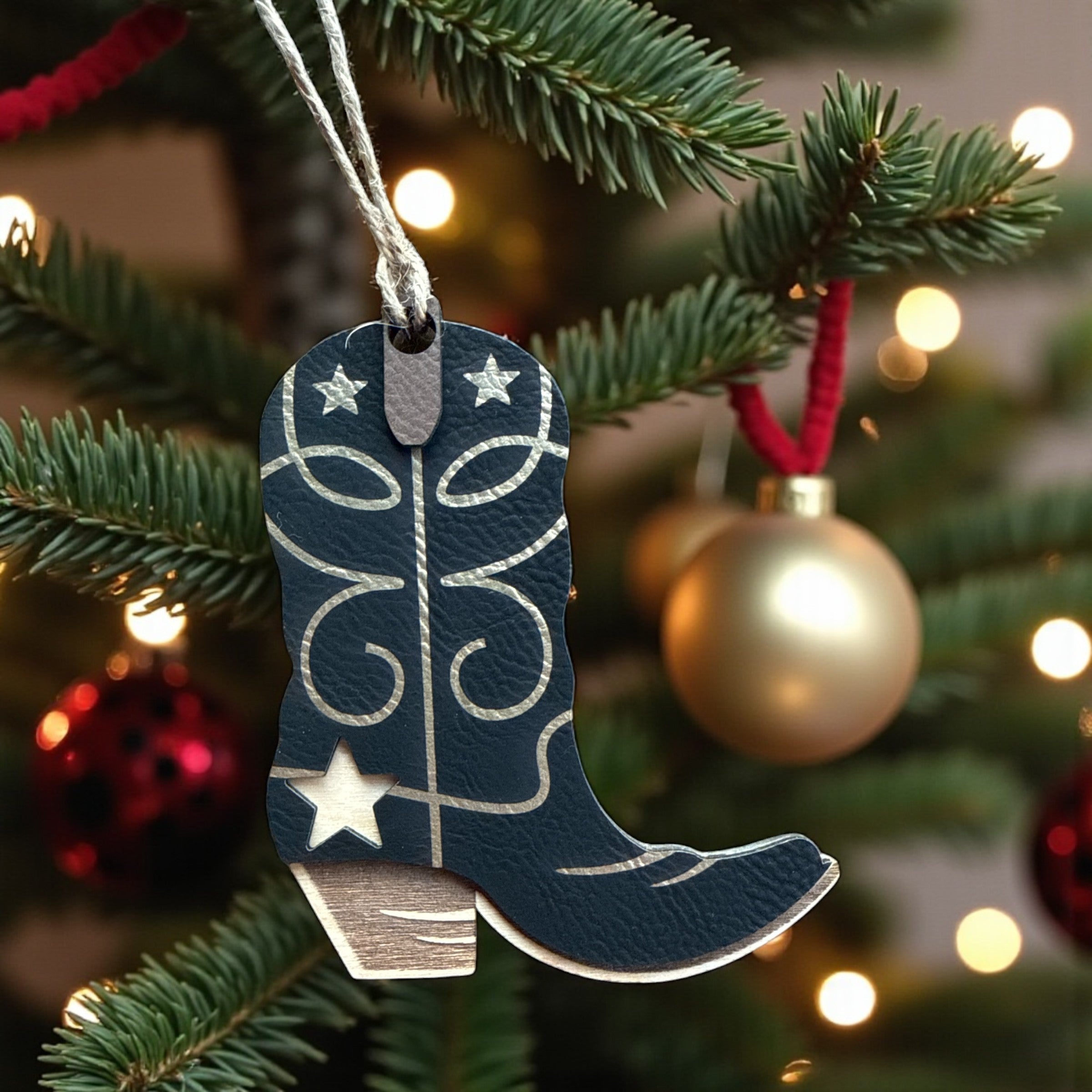 Western Boot Ornament with Engraved Leatherette