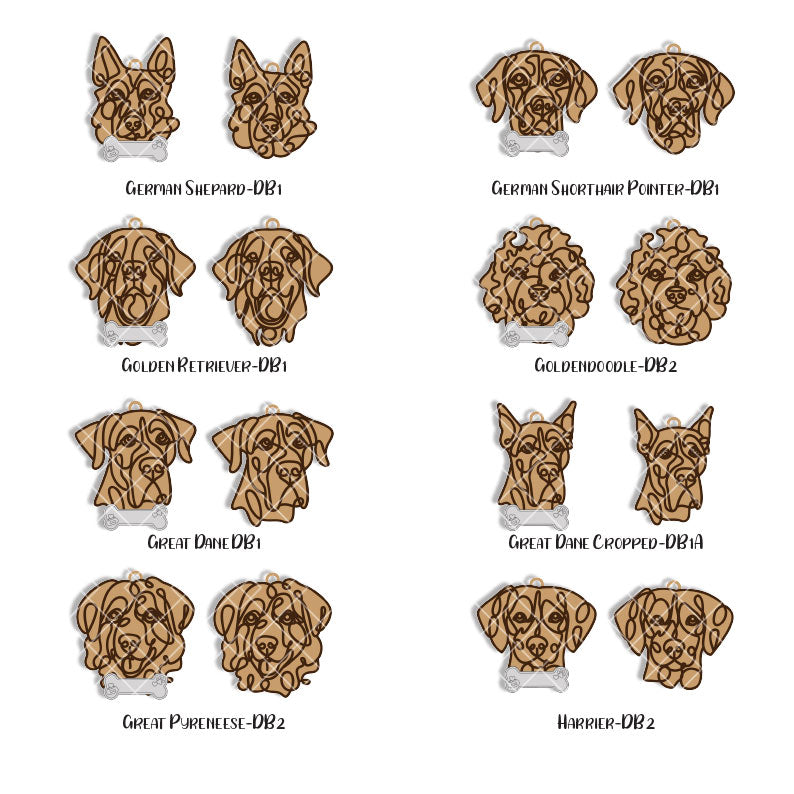 Line Art Dog Ornament – 108 Breeds with Optional Name Bone
