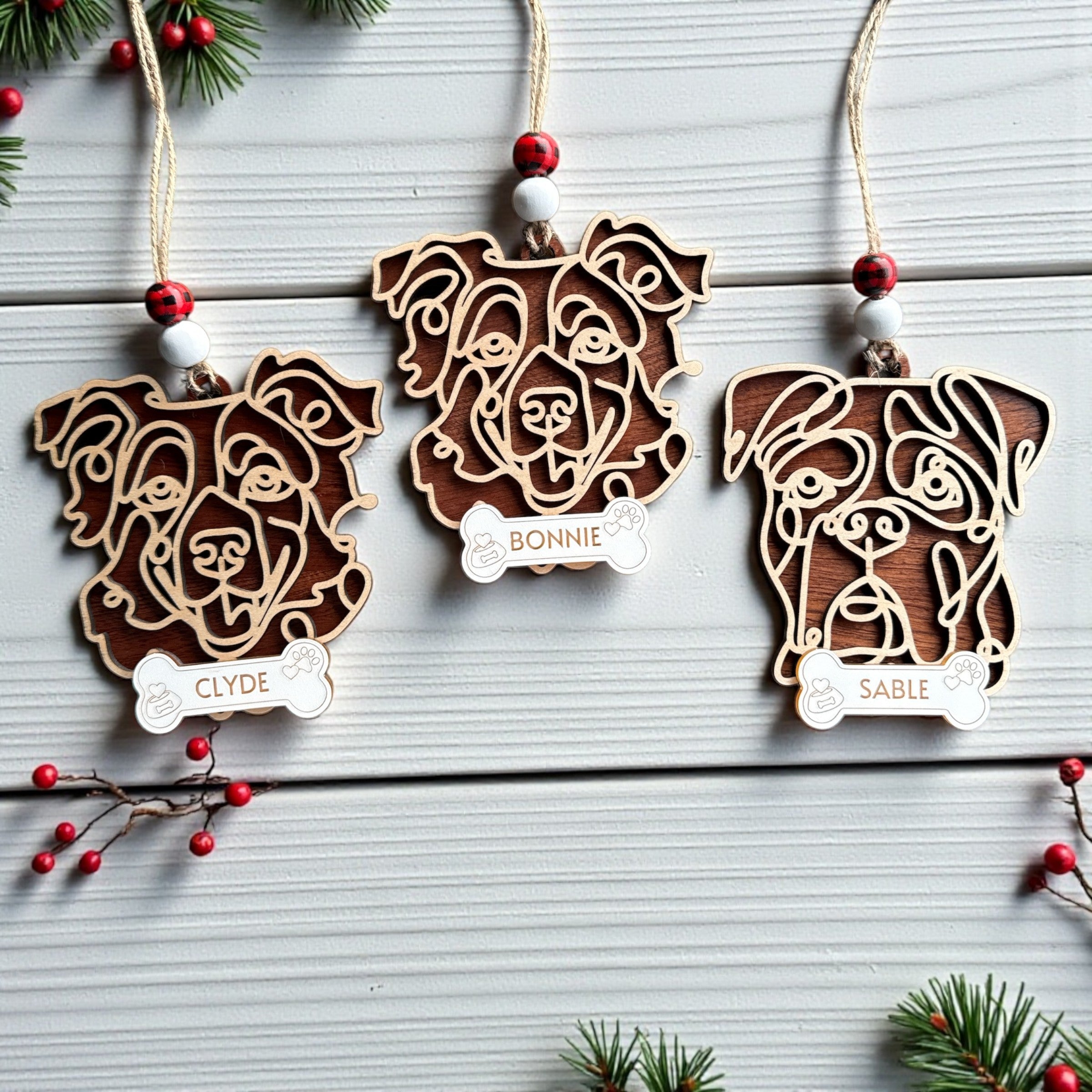 Custom engraved Personalized Line Art Dog Ornament by Laser & Build Boutique