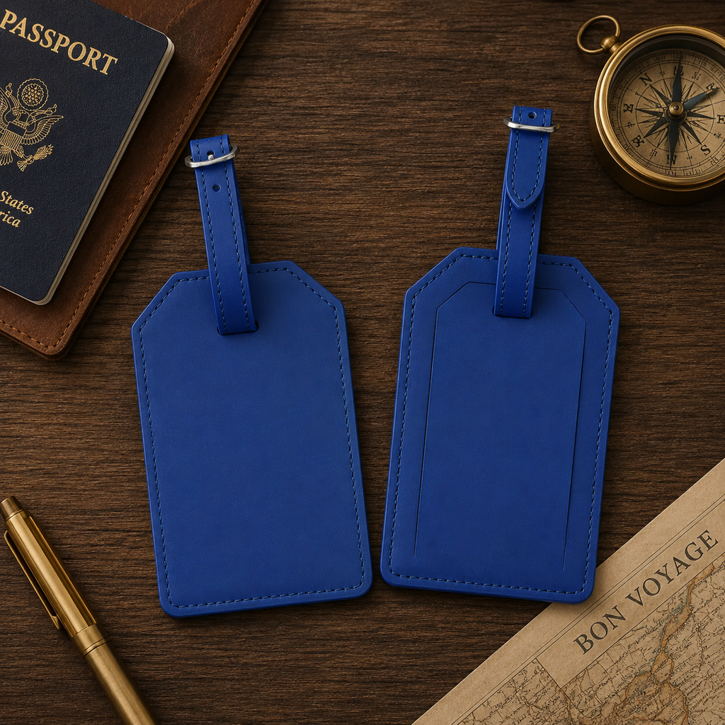 personalized luggage tag set in neutral vegan leather colors