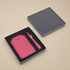 personalized luggage tag with bright pink back panel