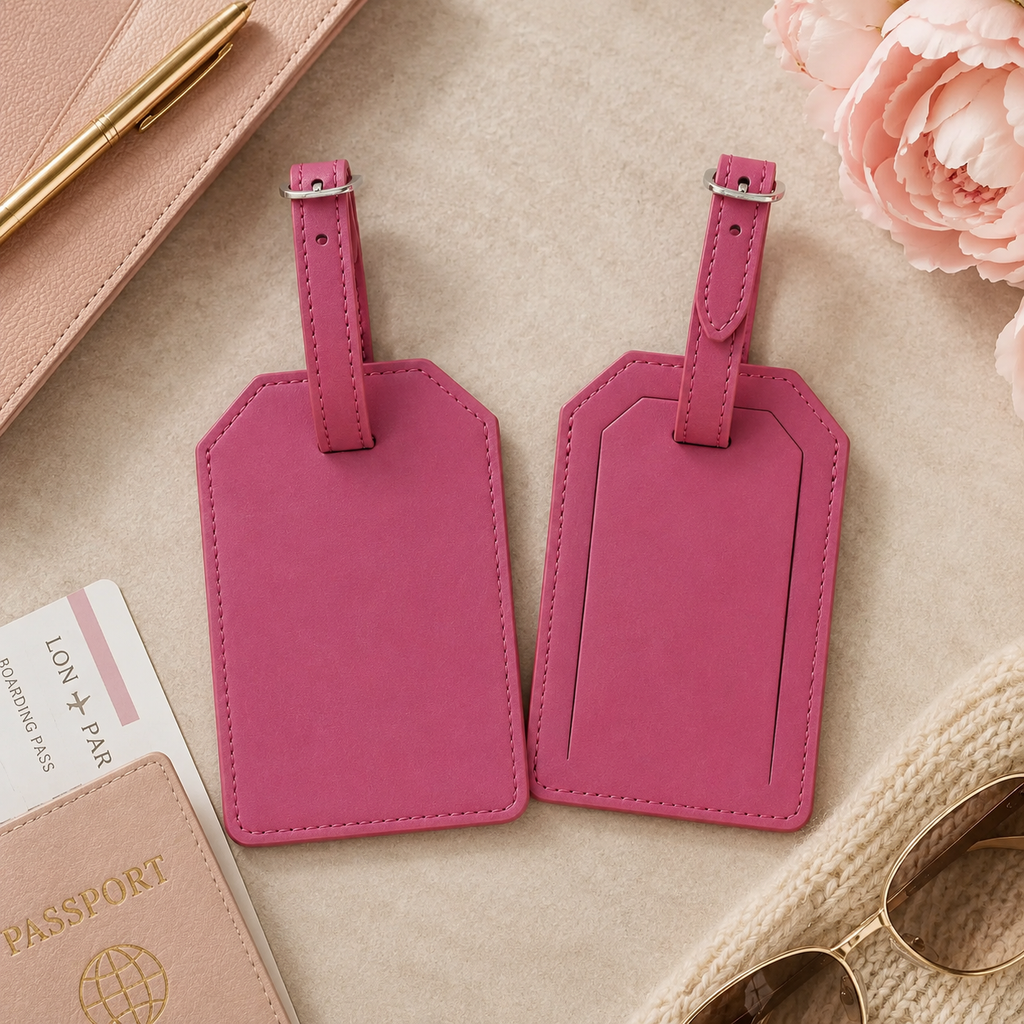 personalized luggage tag set in neutral vegan leather colors