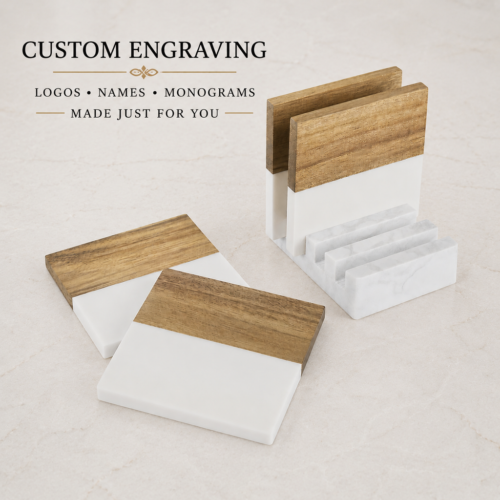 custom coasters made from marble and acacia wood with matching display stand