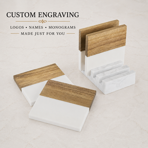 custom coasters made from marble and acacia wood with matching display stand