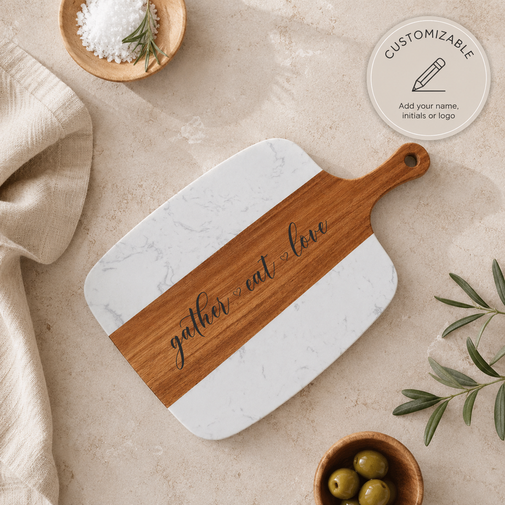 charcuterie board set made from marble and acacia wood