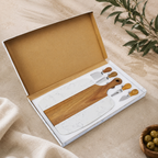 charcuterie board set with four serving tools and gift box