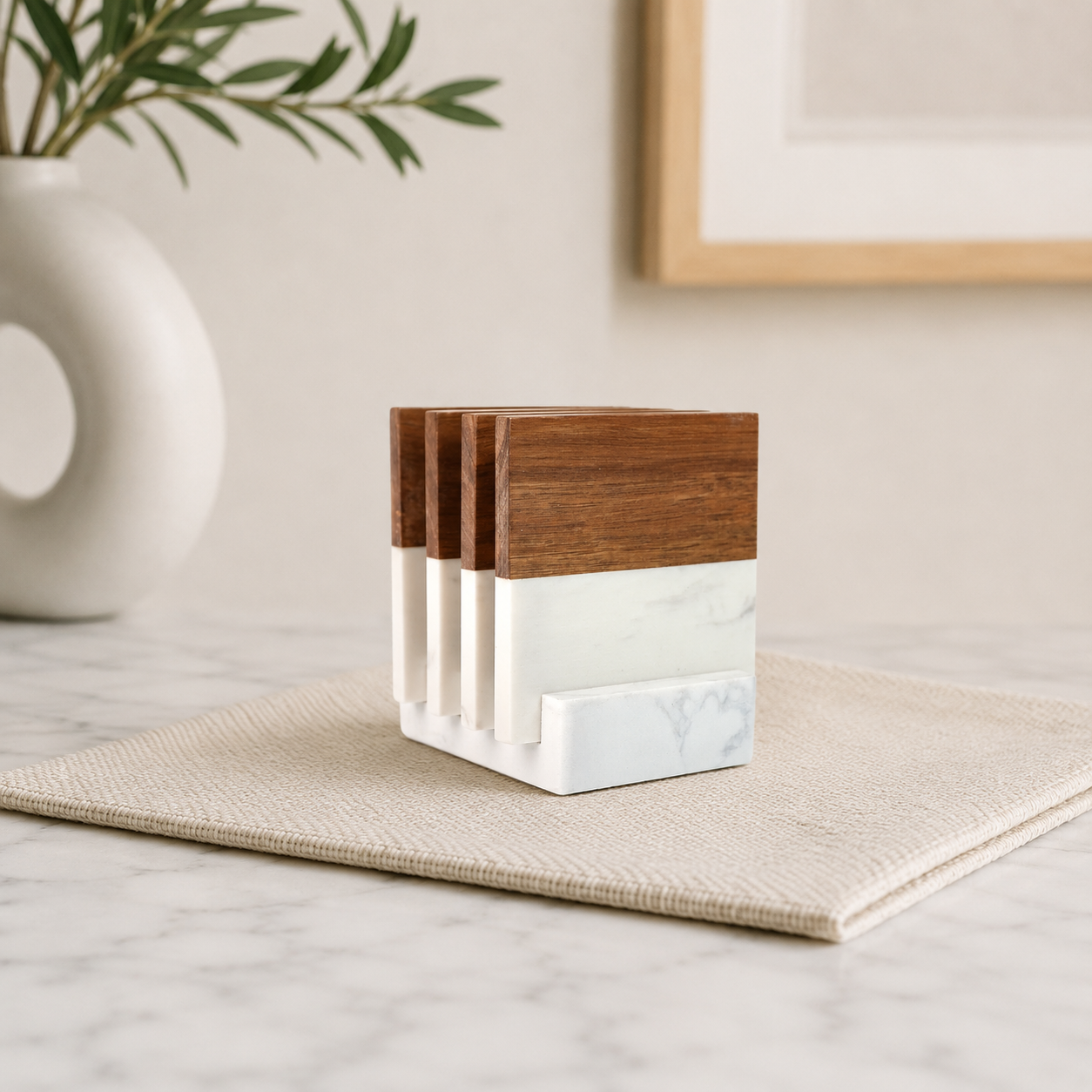 personalized marble and wood custom coasters set with marble storage holder