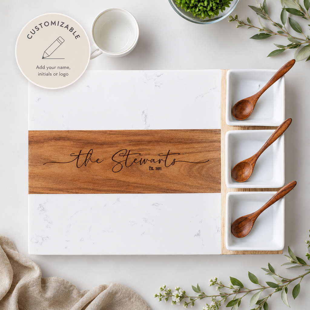 personalized charcuterie board set with marble and acacia wood