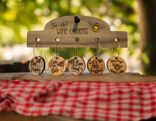 Custom engraved Bee-utiful Wooden Wine Charm Set Wine Charms by Laser & Build Boutique