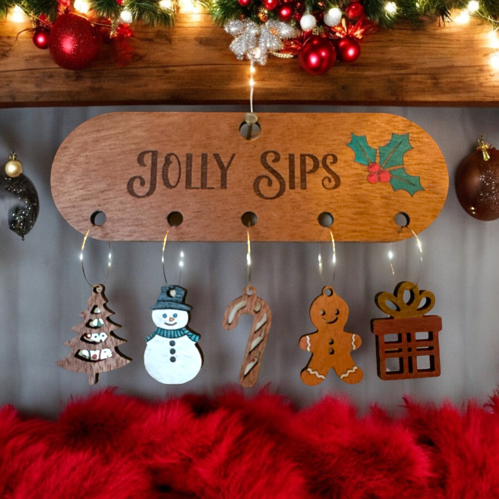 Holiday Wood Wine Glass Charms Set