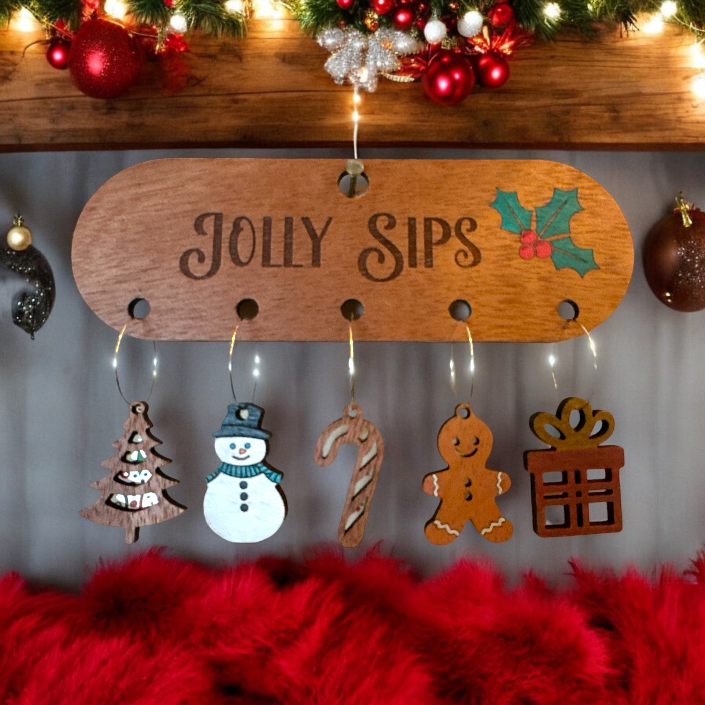 Holiday Wood Wine Glass Charms Set