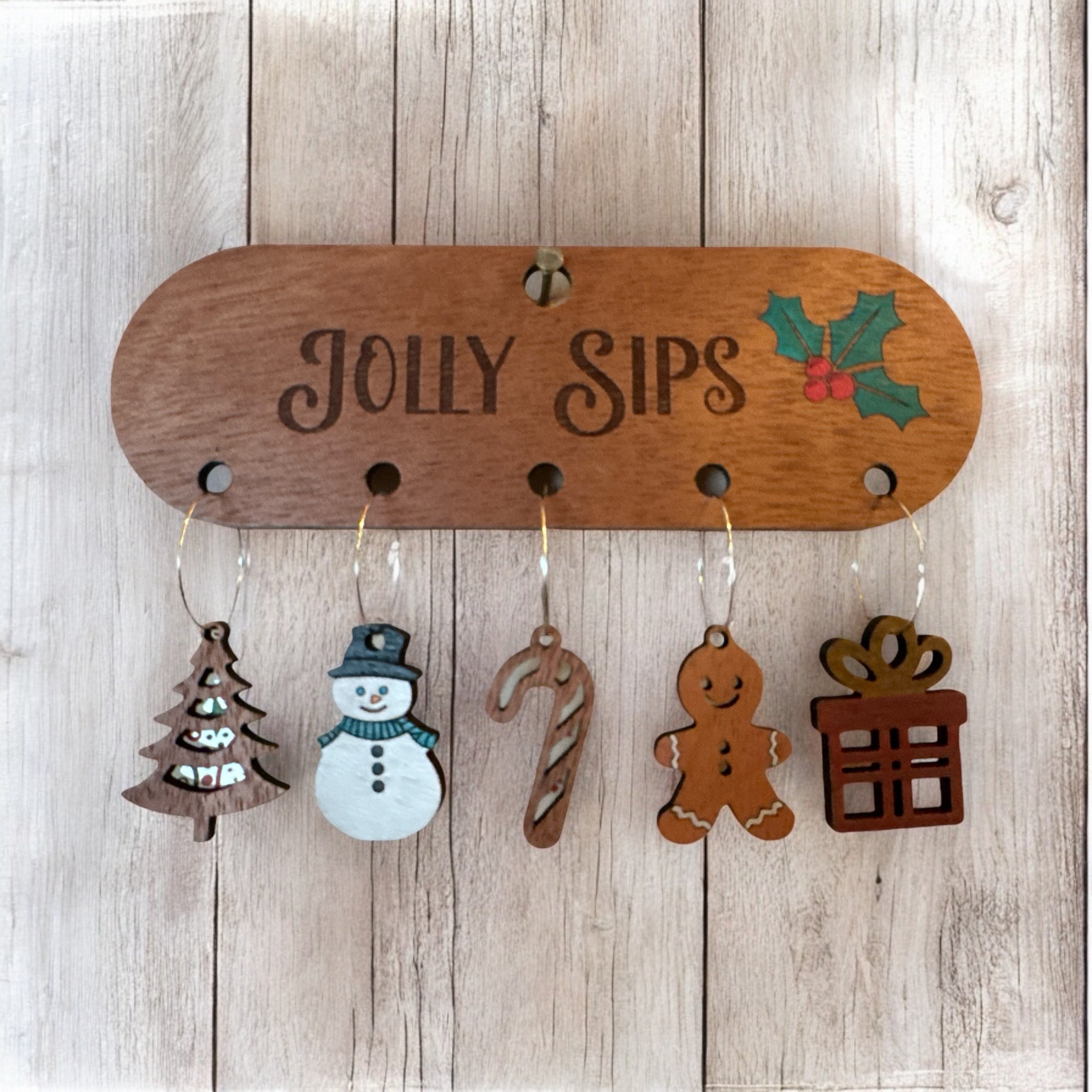 Holiday Wood Wine Glass Charms Set