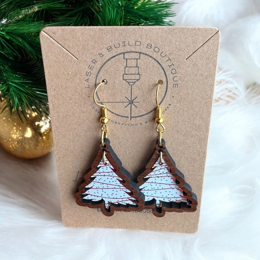 Christmas Tree Earrings with Festive Snack Cake Pattern