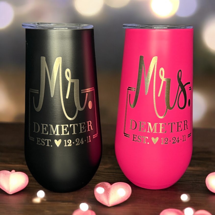 Custom Engraved Bride and Groom Champagne Flutes, Set of Two