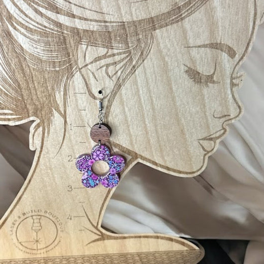 Daisy Statement Earrings | Floral Glitter Acrylic with Wooden Detail