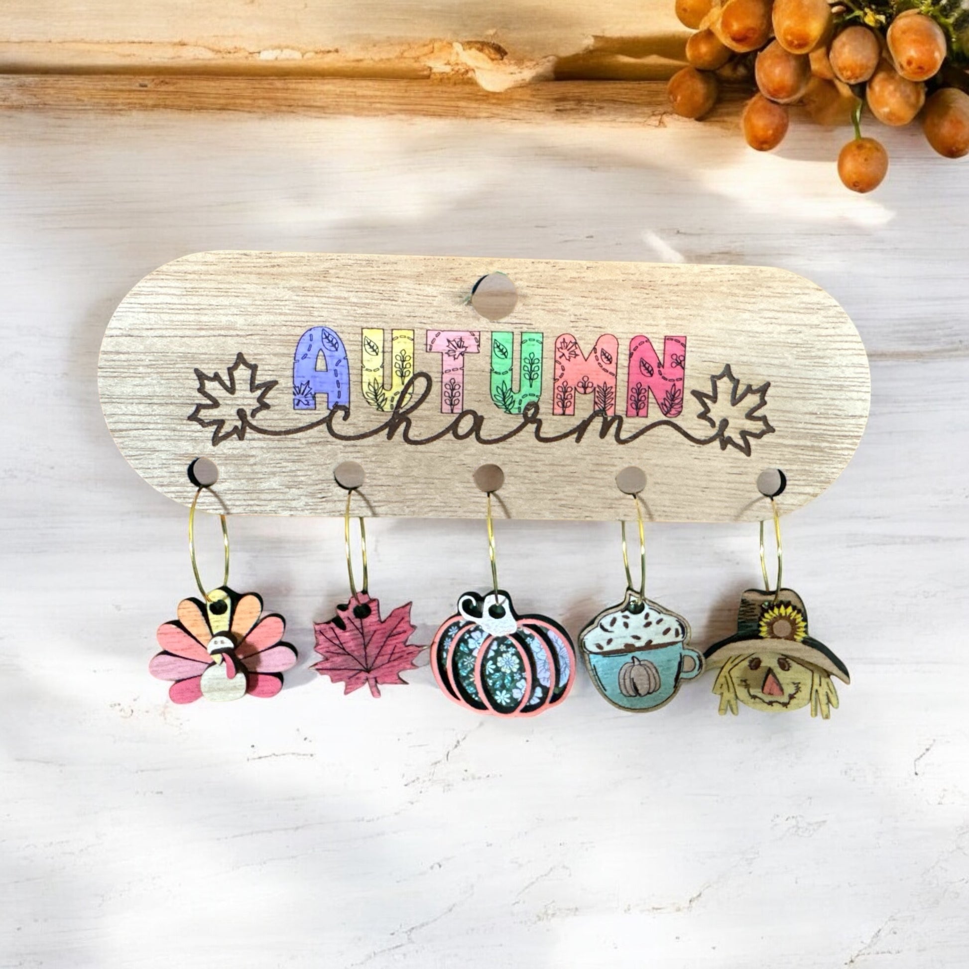 Autumn-Inspired Wood Wine Glass Charm Set