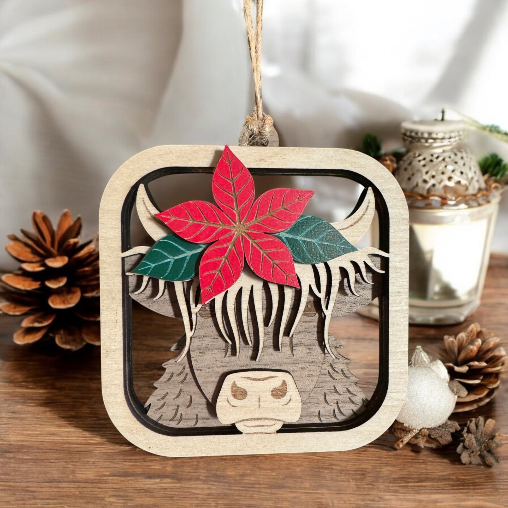 Highland Cow Christmas Ornament with Poinsettia |  Handmade Wooden Ornament