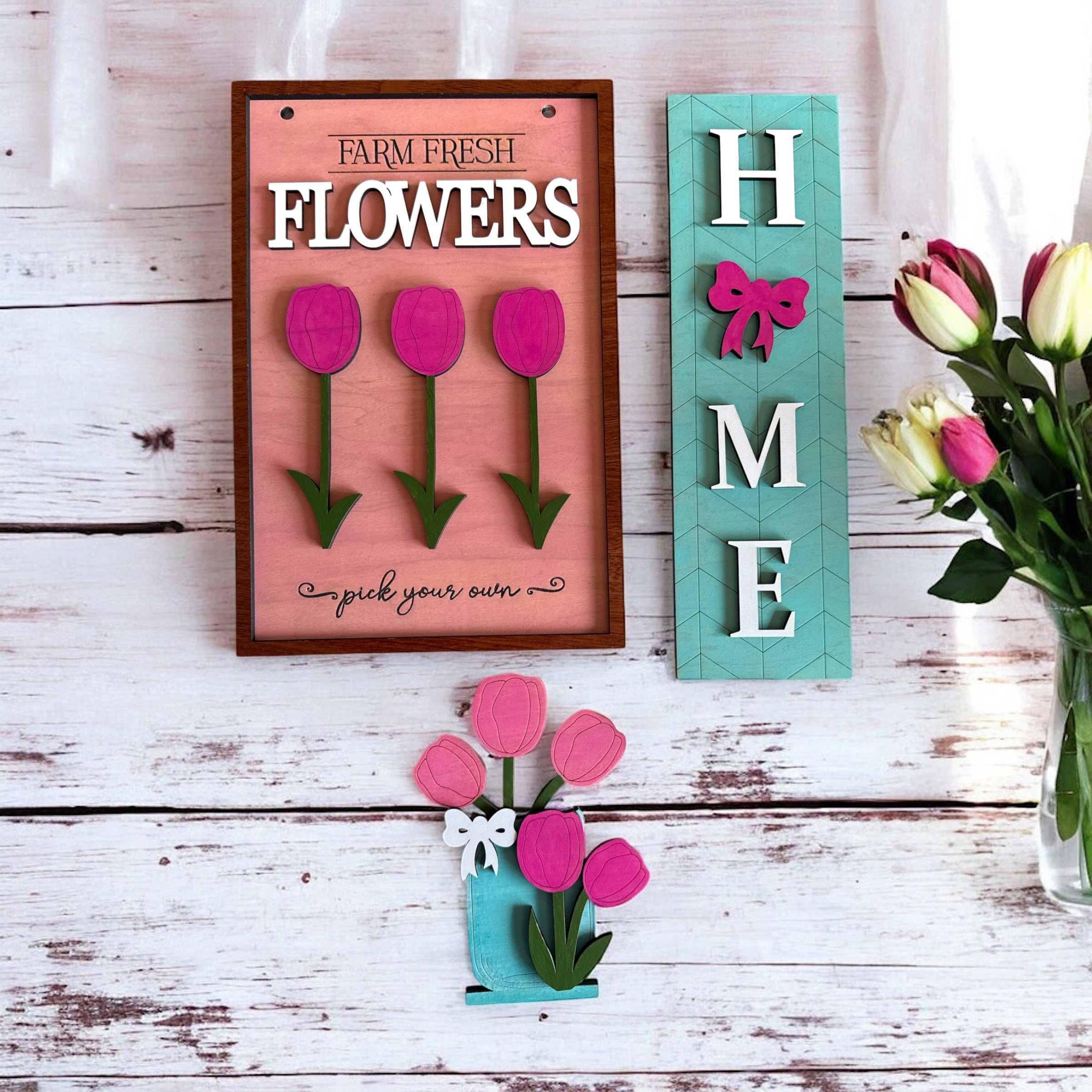Spring “Farm Fresh Flowers” Interchangeable Sign Set for Wooden Post