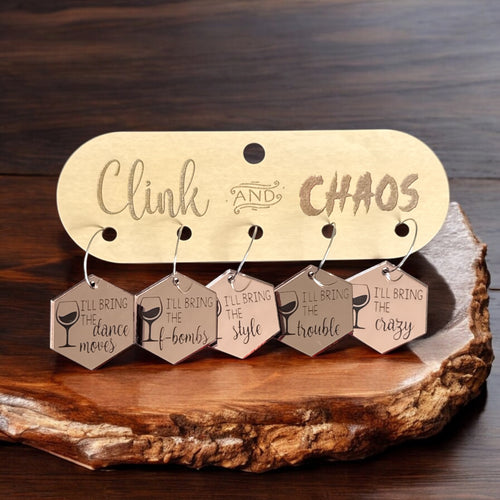Custom engraved Clink and Chaos Mirror Acrylic Wine Charm Set Wine Charms by Laser & Build Boutique