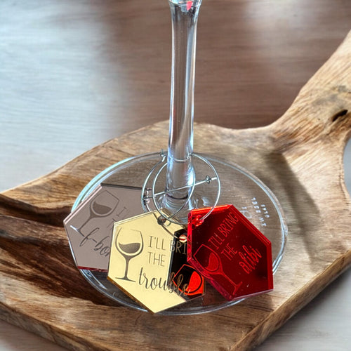 Custom engraved Clink and Chaos Mirror Acrylic Wine Charm Set Wine Charms by Laser & Build Boutique