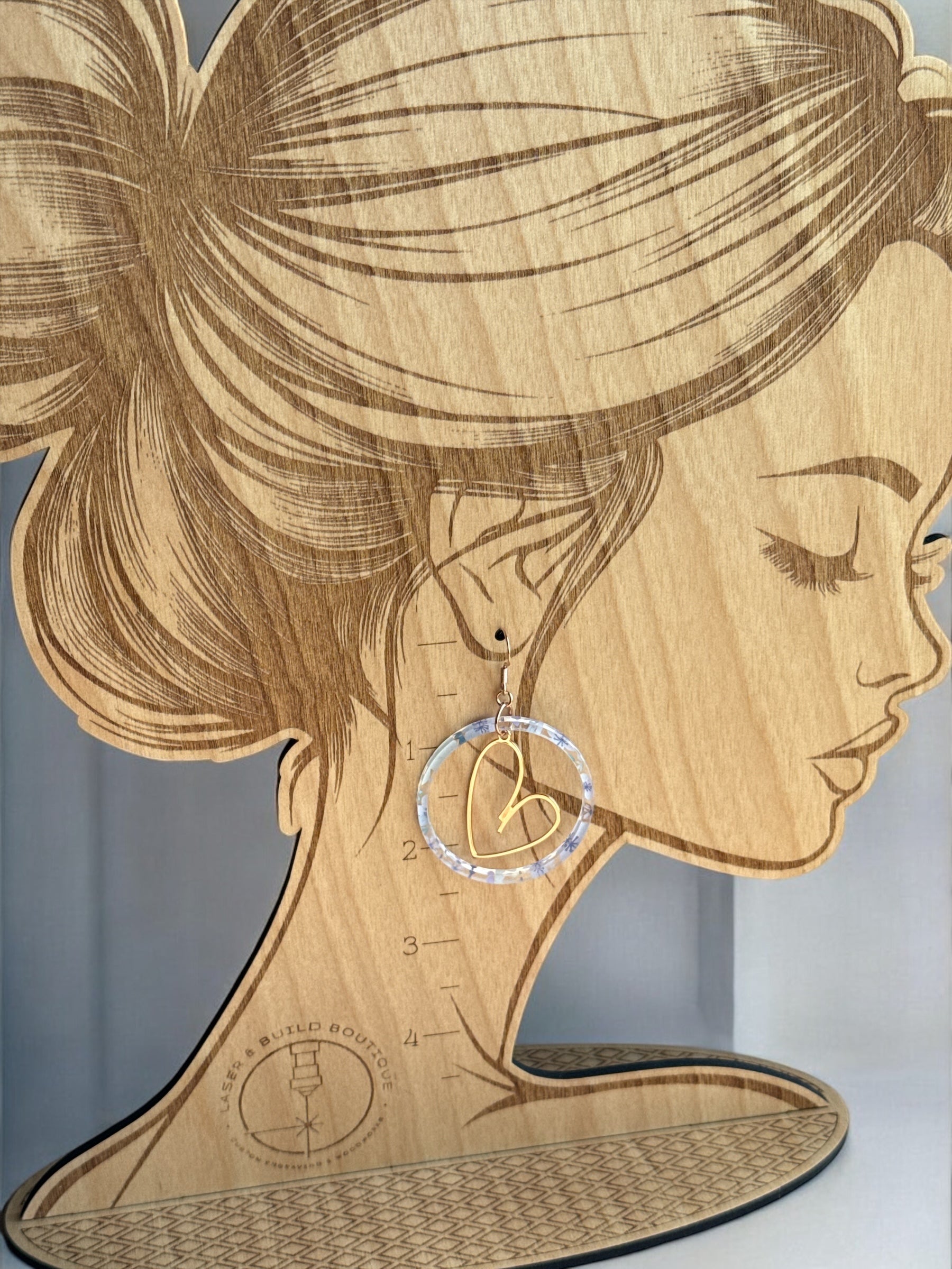 Floral Acrylic Hoop Earrings with Gold Heart Accent
