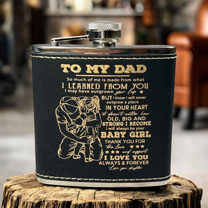 Engraved Leatherette Flask – “To My Dad” | Stainless Steel Flask with Black Leatherette Wrap