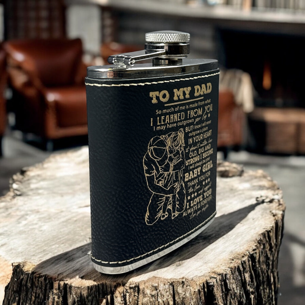 Engraved Leatherette Flask – “To My Dad” | Stainless Steel Flask with Black Leatherette Wrap