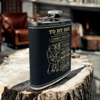 Engraved Leatherette Flask – “To My Dad” | Stainless Steel Flask with Black Leatherette Wrap