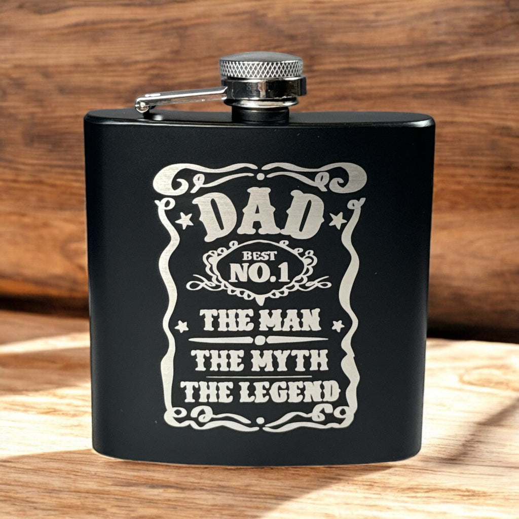 Engraved Flask – ““Dad: The Man. The Myth. The Legend.” | Matte Black Stainless Steel