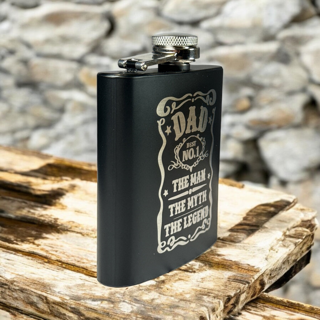 Engraved Flask – ““Dad: The Man. The Myth. The Legend.” | Matte Black Stainless Steel