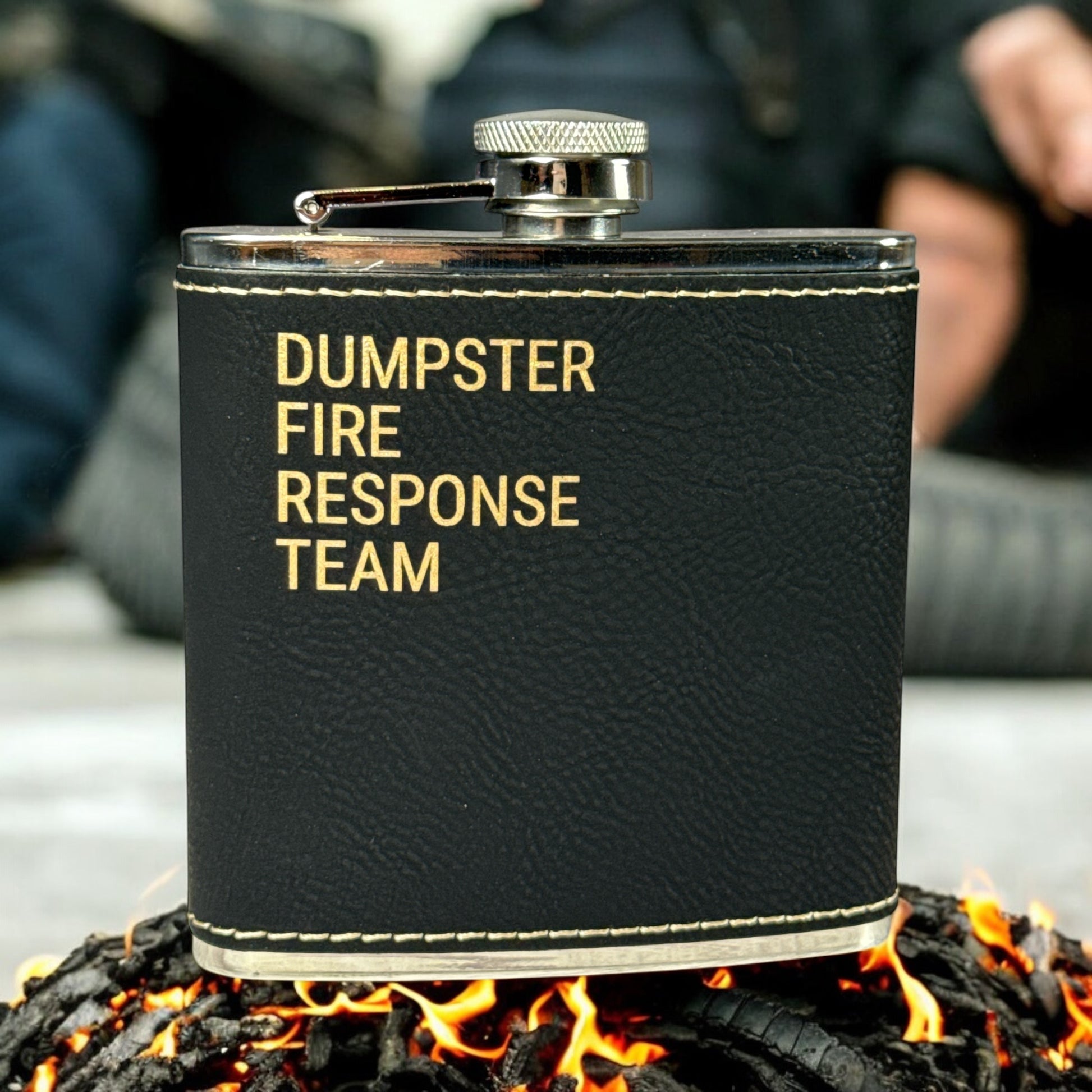 Engraved Leatherette Flask – “Dumpster Fire Response Team” | Stainless Steel Flask with Black Leatherette Wrap