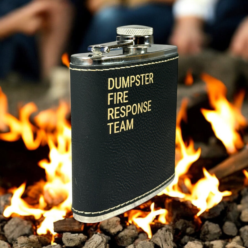 Engraved Leatherette Flask – “Dumpster Fire Response Team” | Stainless Steel Flask with Black Leatherette Wrap