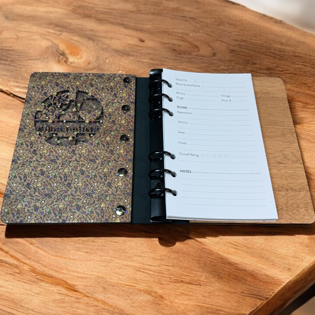 Wood Wine Tasting Notes Journal – A6 Size, Refillable with Premium Leatherette® Spine