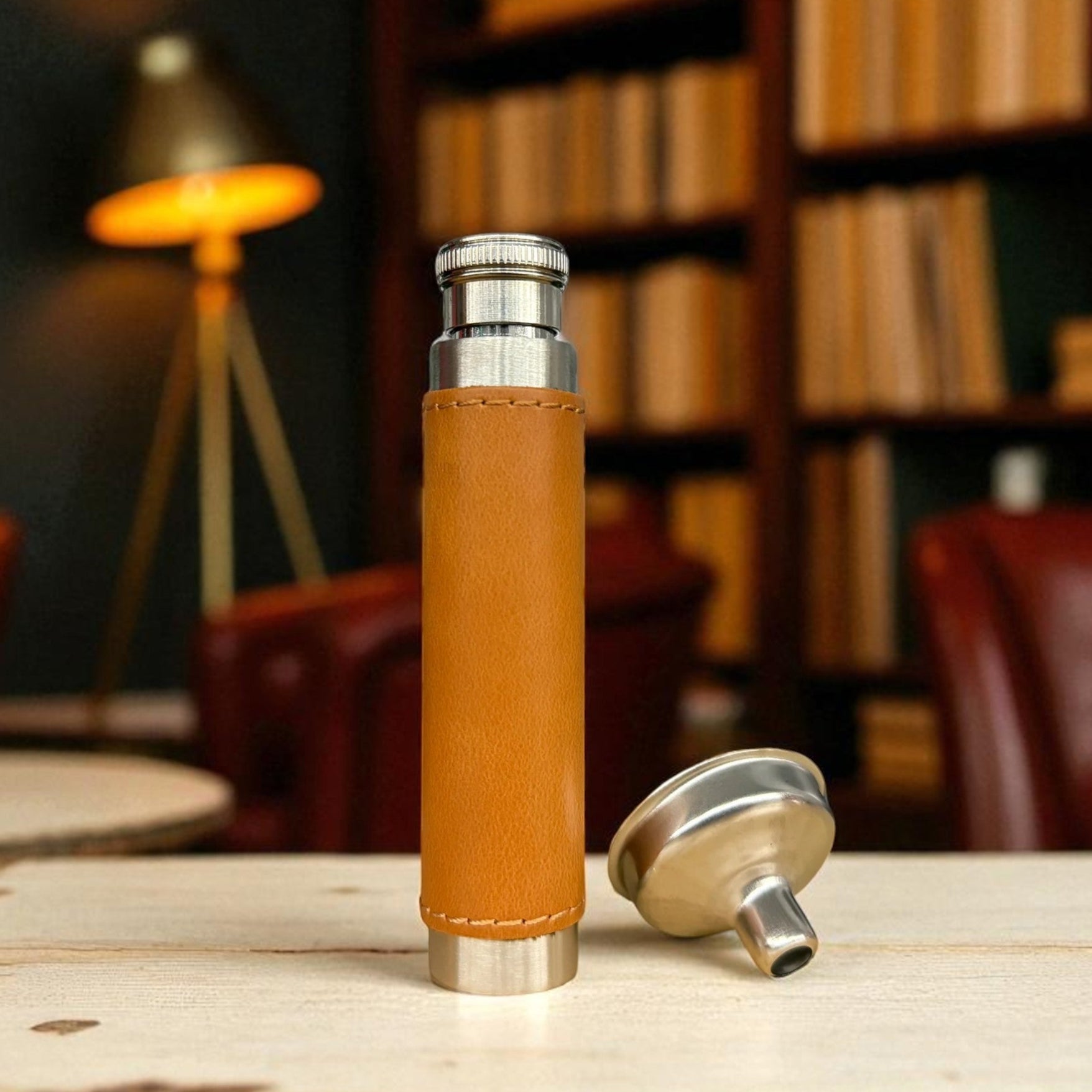 Engraved leatherette flask 1oz in rawhide brown finish
