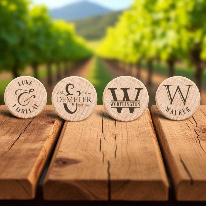 Personalized Wooden Wine Bottle Stoppers – Natural, Black, or Pink