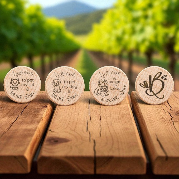 Personalized Wooden Wine Bottle Stoppers – Natural, Black, or Pink