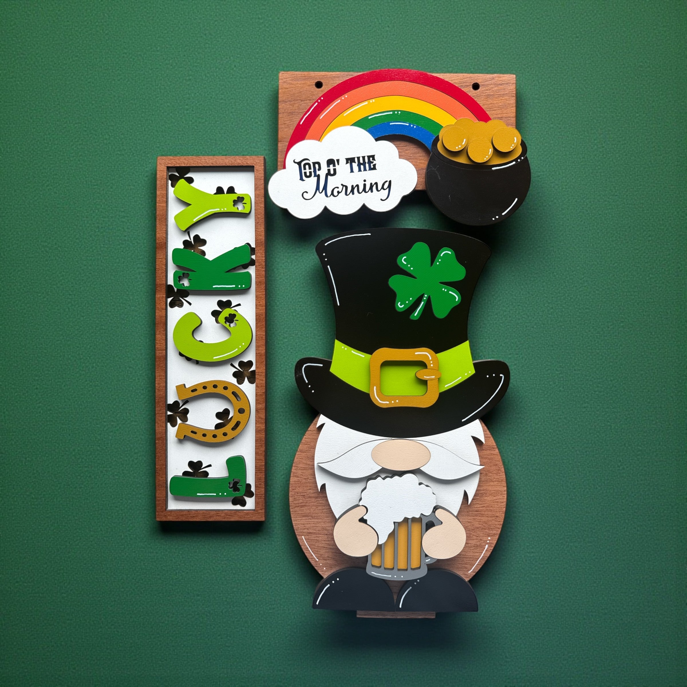 St Patrick's Day Leprechaun Gnome Interchangeable Sign Set for Wooden Post
