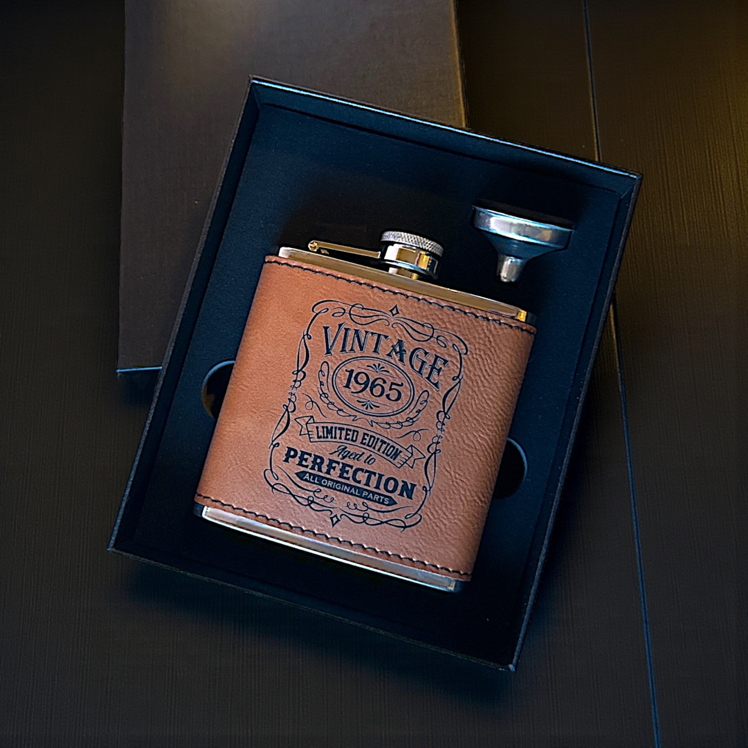 Engraved Leatherette Flask – Personalized “Aged to Perfection” Birthday Flask – Vintage Year Edition