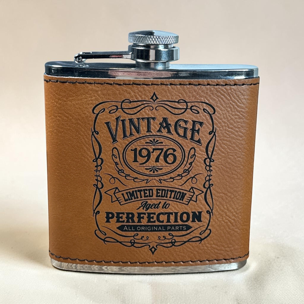 Engraved Leatherette Flask – Personalized “Aged to Perfection” Birthday Flask