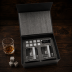 whiskey gift set with slate coasters and velvet stone bag