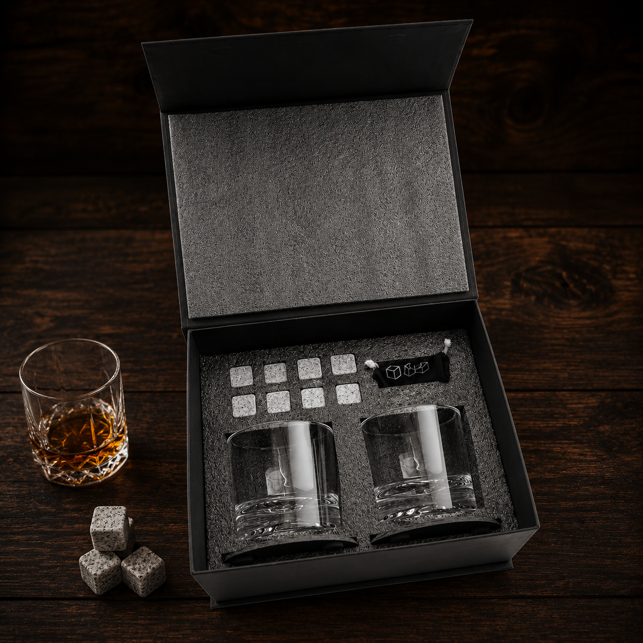 whiskey gift set with slate coasters and velvet stone bag