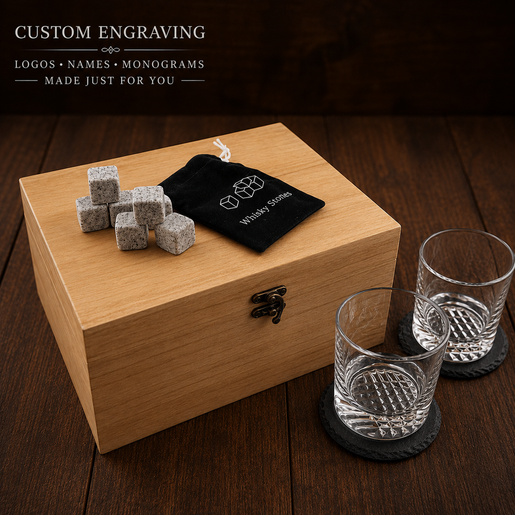 whiskey gift set with two rocks glasses and granite stones
