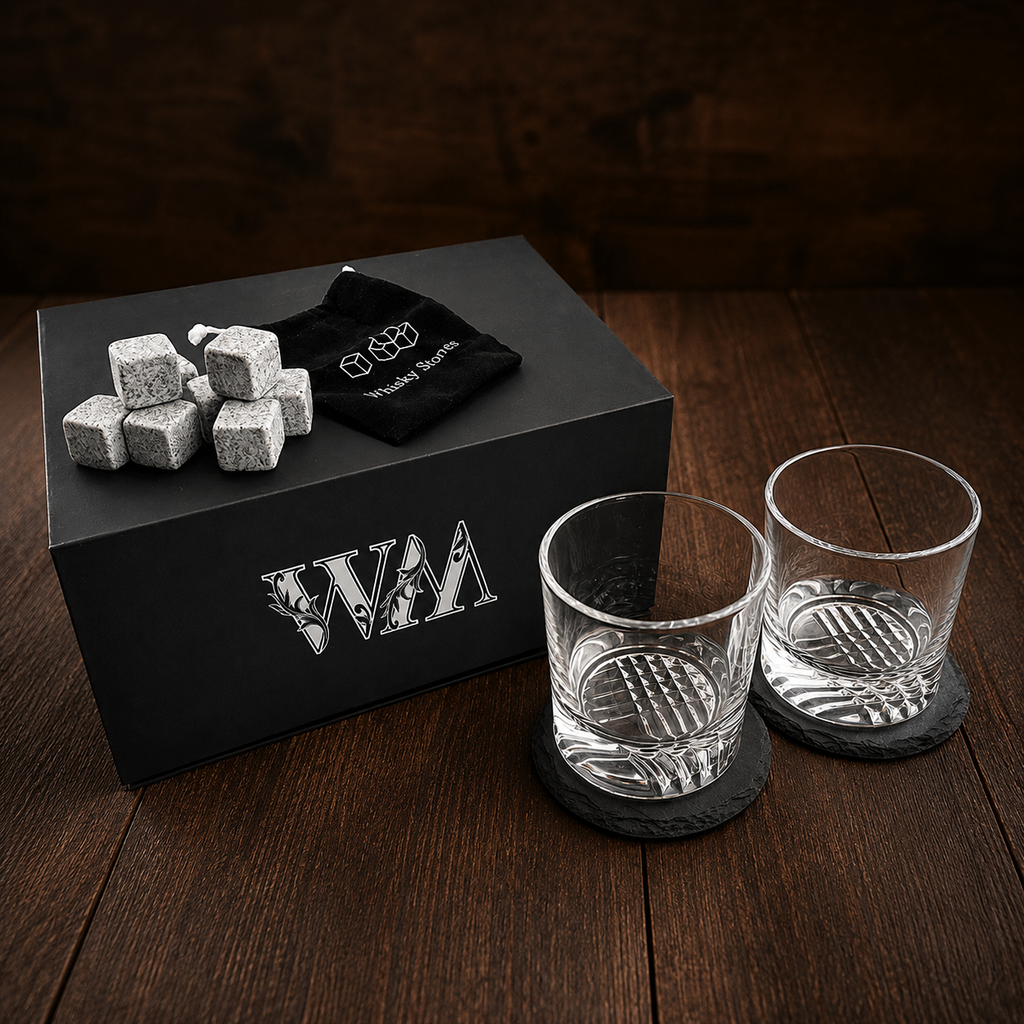 whiskey gift set with personalized black gift box