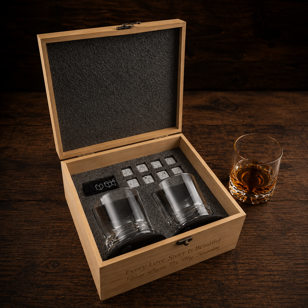 whiskey gift set in red alder wood gift box