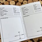 Open Wine Log Book showing guided wine tasting pages with fields for wine name, winery, varietal, aroma, food pairing, ratings, and tasting notes.