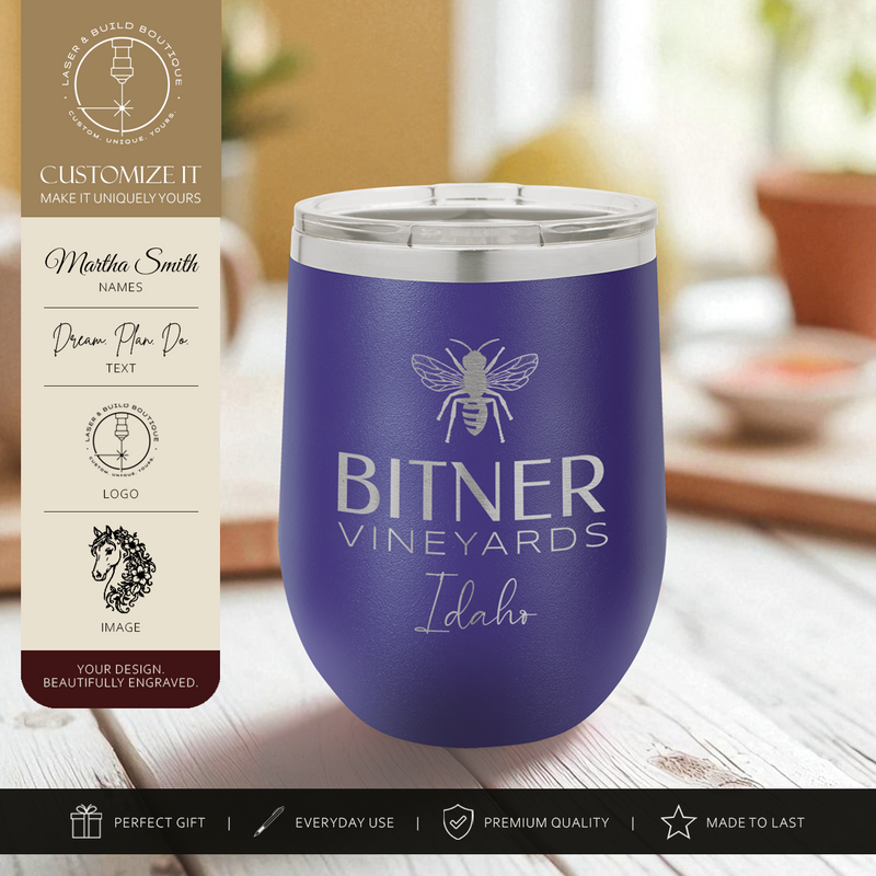 Custom Engraved Wine Tumbler | Personalized Stainless Steel Stemless Cup in Standard or Premium Ion Finishes, Laser Engraved Gift