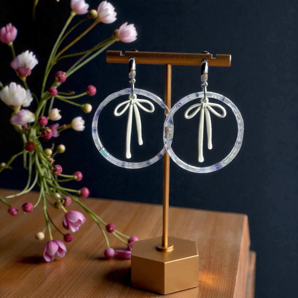 Custom engraved Floral Acrylic Hoop Earrings with Draped Bow Charm Acrylic Earrings by Laser & Build Boutique